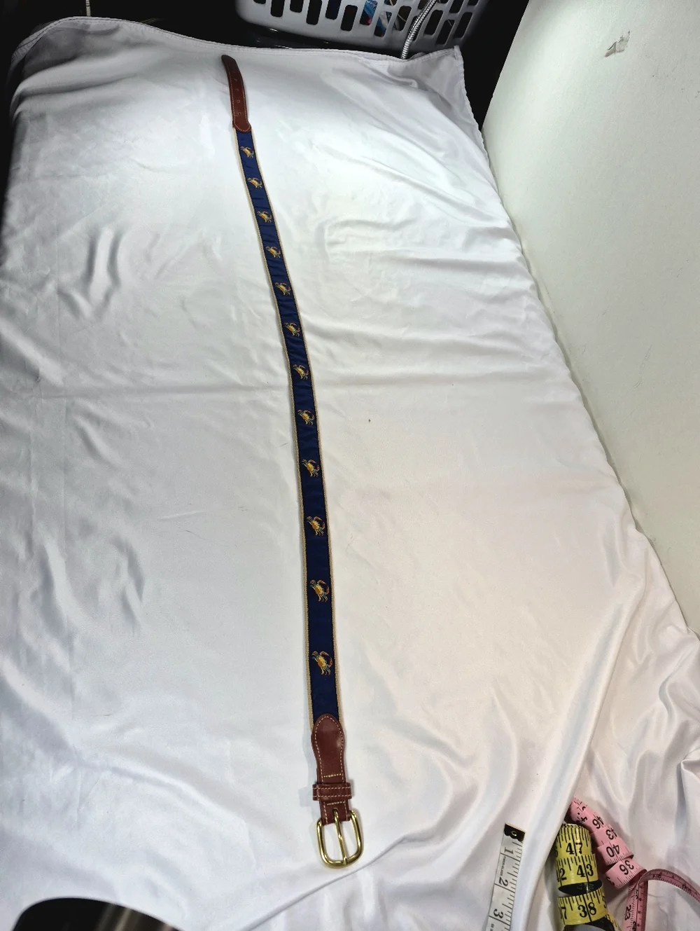 NWOT Leather Man Ltd. Blue Crab Ribbon Belt - Navy/Khaki USA Natical Old Money